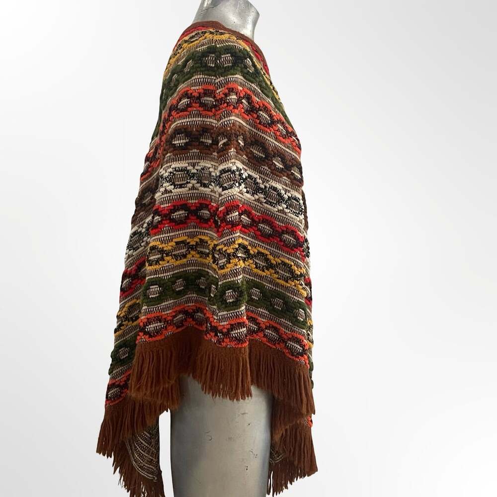 Multicolor Knit Aztec Poncho w Fringe Boat Neck - Picture 3 of 7
